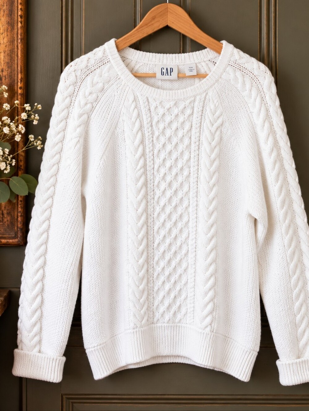 GAP Winter White Cable Knit Sweater XL 100% Cotton Fisherman Coastal 23.5” P2P